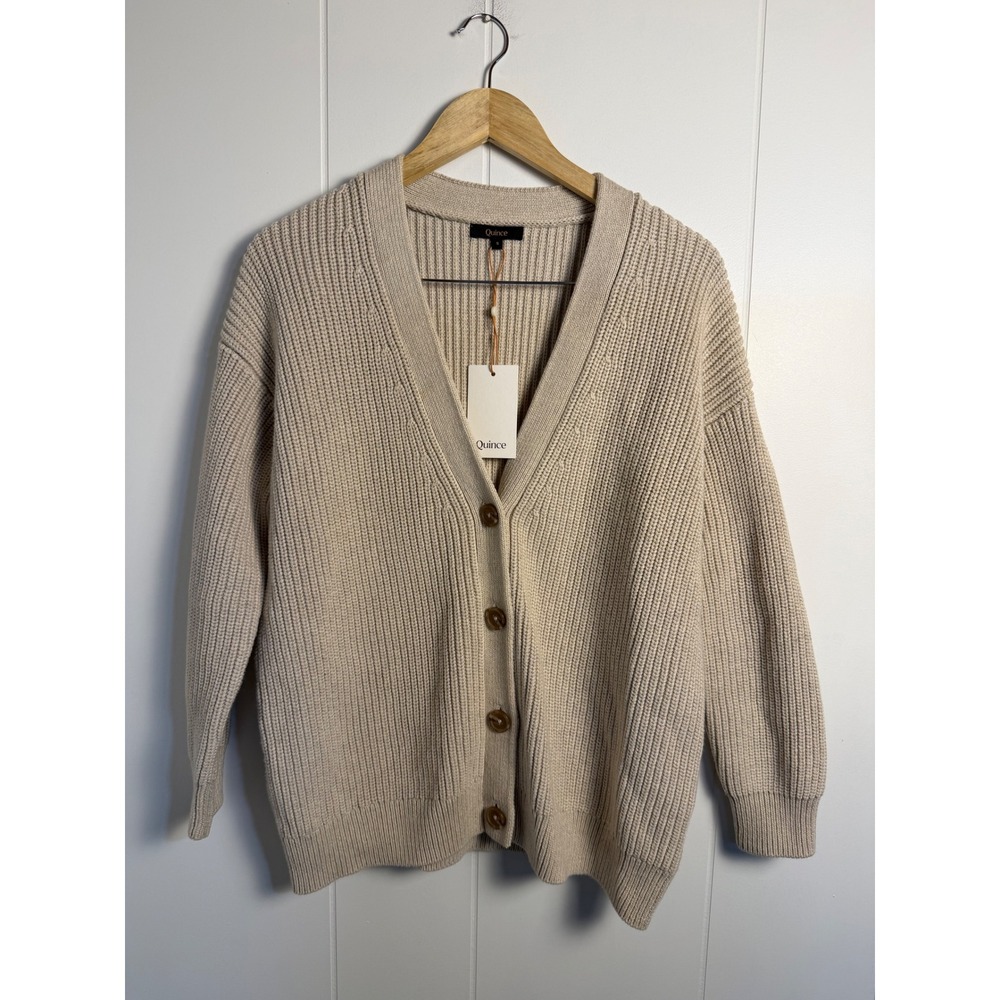 Quince 100% Cotton Oversized Boyfriend Cardigan S Beige Chunky Fisherman Ribbed